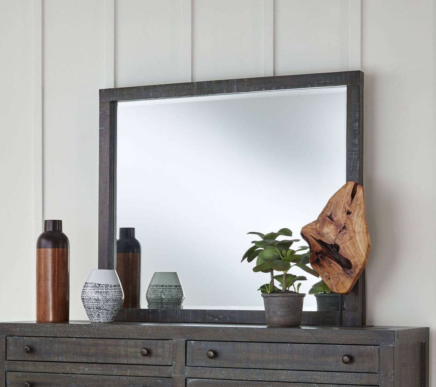 Townsend Solid Wood Beveled Glass Mirror in Gunmetal