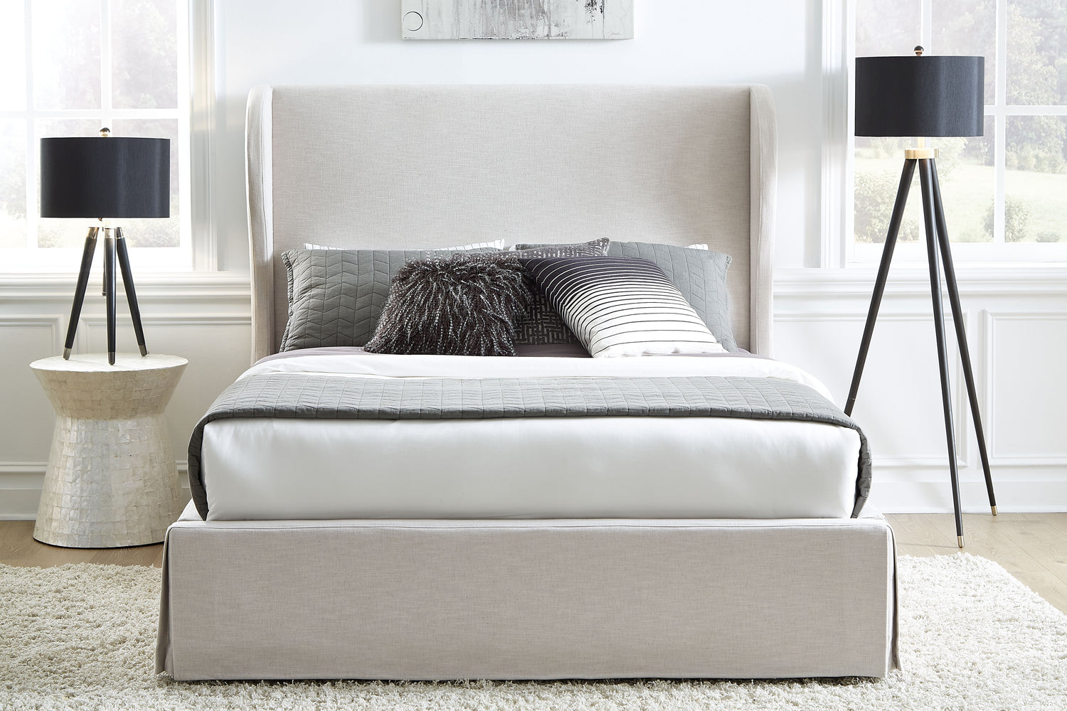 Hera Full-Size Upholstered Skirted Storage Panel Bed in Oatmeal