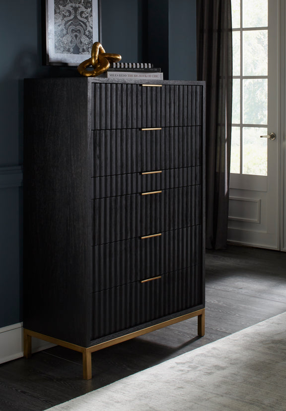 Kentfield Solid Wood Six Drawer Chest in Black Drifted Oak (2024)