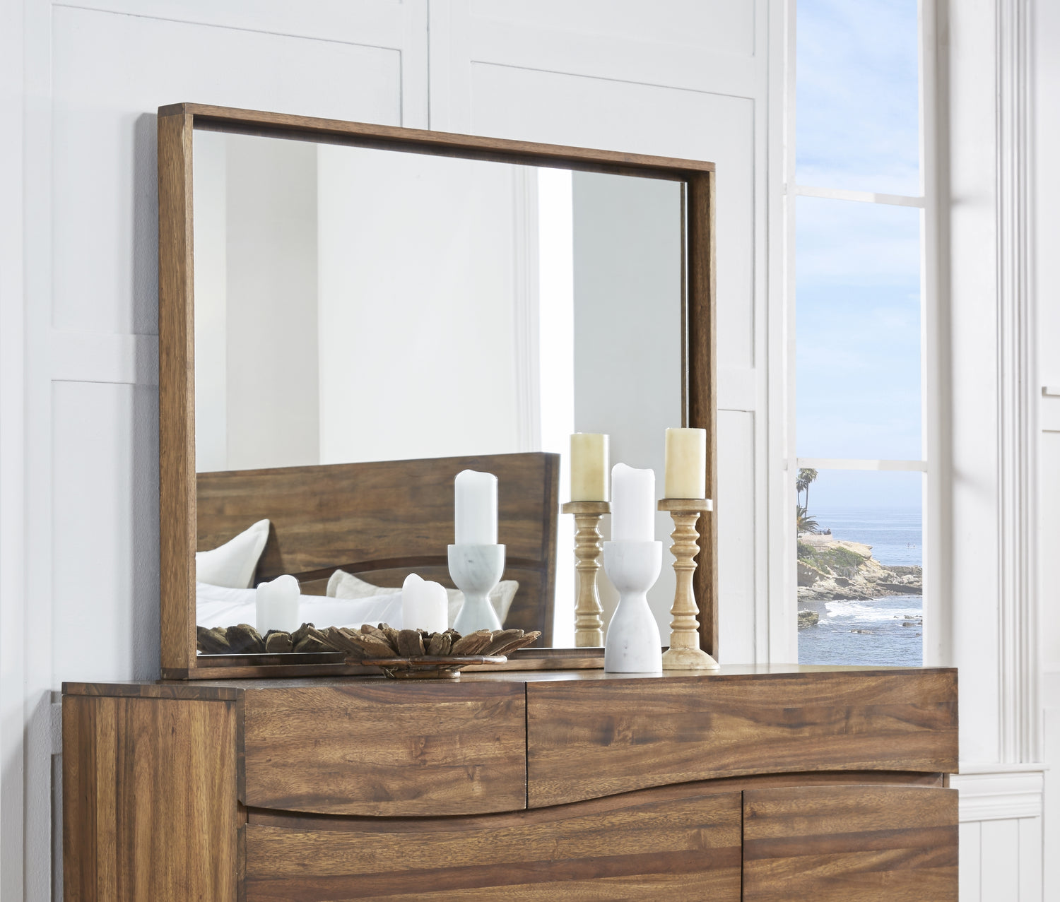 Ocean Solid Wood Floating Glass Mirror in Natural Sengon