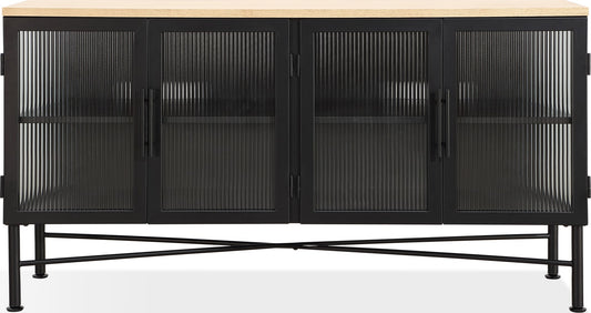 Aere Four Door Ribbed Glass, Metal and Wood Sideboard in Natural Ash and Black