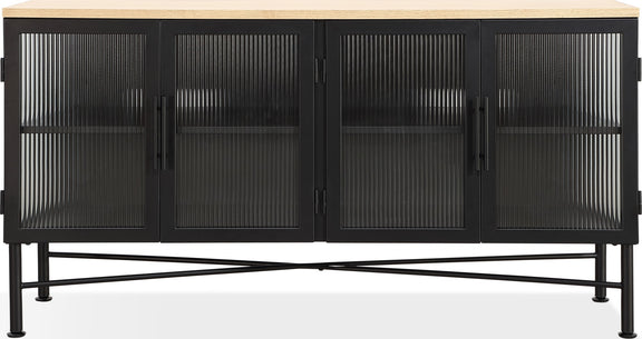 Aere Four Door Ribbed Glass, Metal and Wood Sideboard in Natural Ash and Black