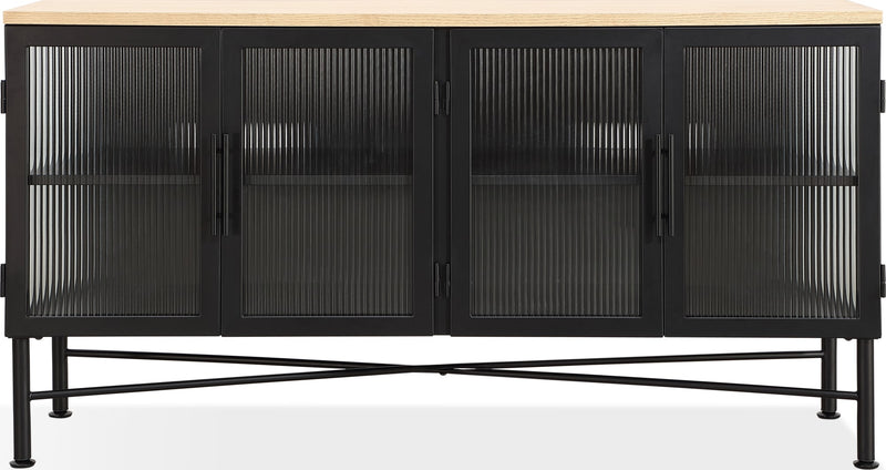 Aere Four Door Ribbed Glass, Metal and Wood Sideboard in Natural Ash and Black
