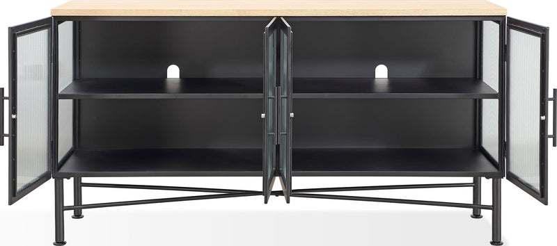 Aere Four Door Ribbed Glass, Metal and Wood Sideboard in Natural Ash and Black