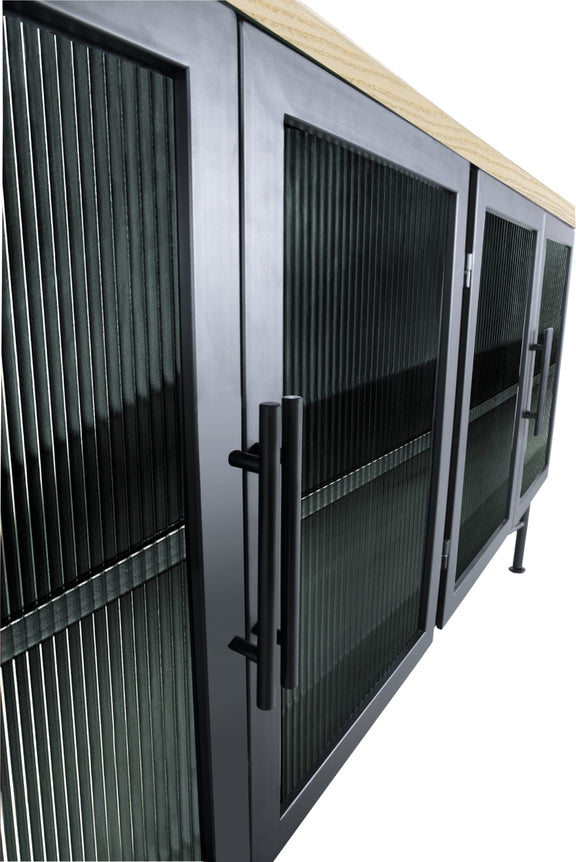 Aere Four Door Ribbed Glass, Metal and Wood Sideboard in Natural Ash and Black
