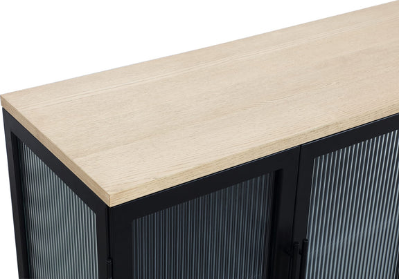 Aere Four Door Ribbed Glass, Metal and Wood Sideboard in Natural Ash and Black