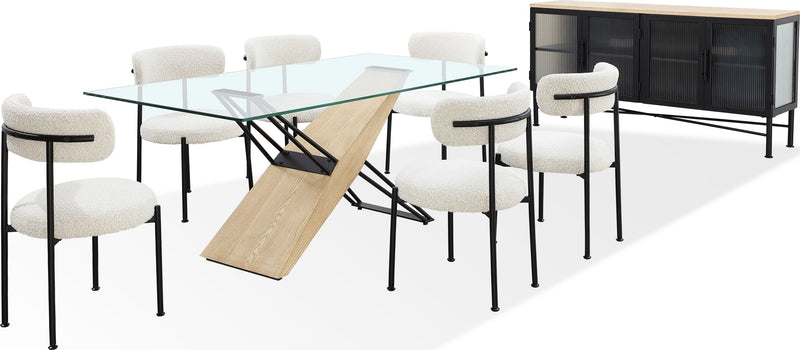 Aere Four Door Ribbed Glass, Metal and Wood Sideboard in Natural Ash and Black