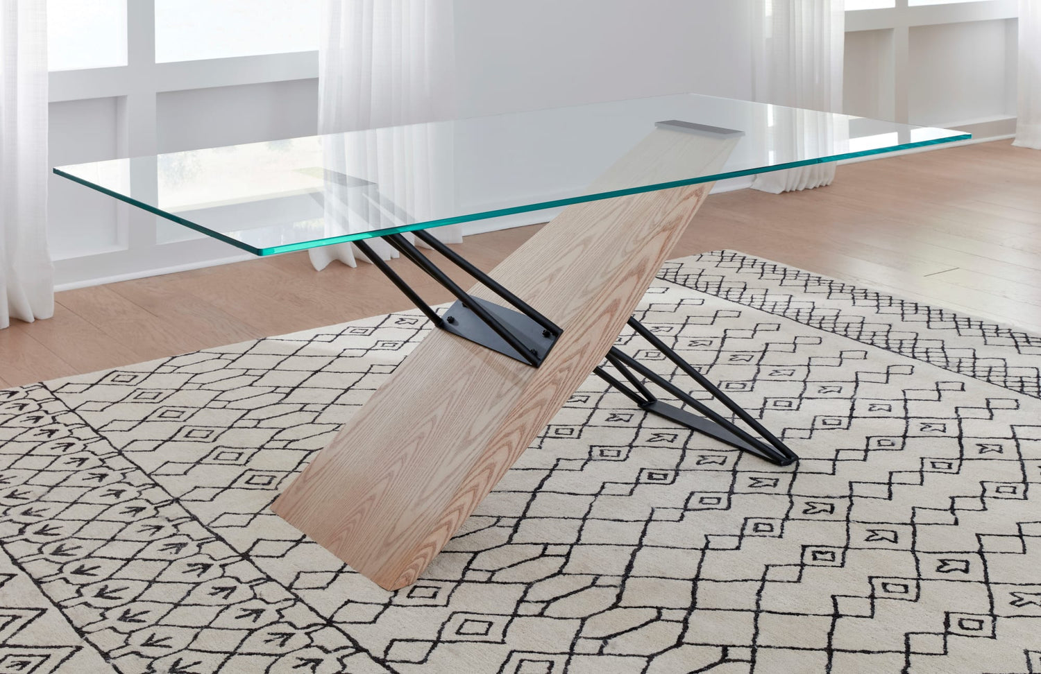Aere Glass, Wood and Metal Rectangular Dining Table in Natural Ash and Black