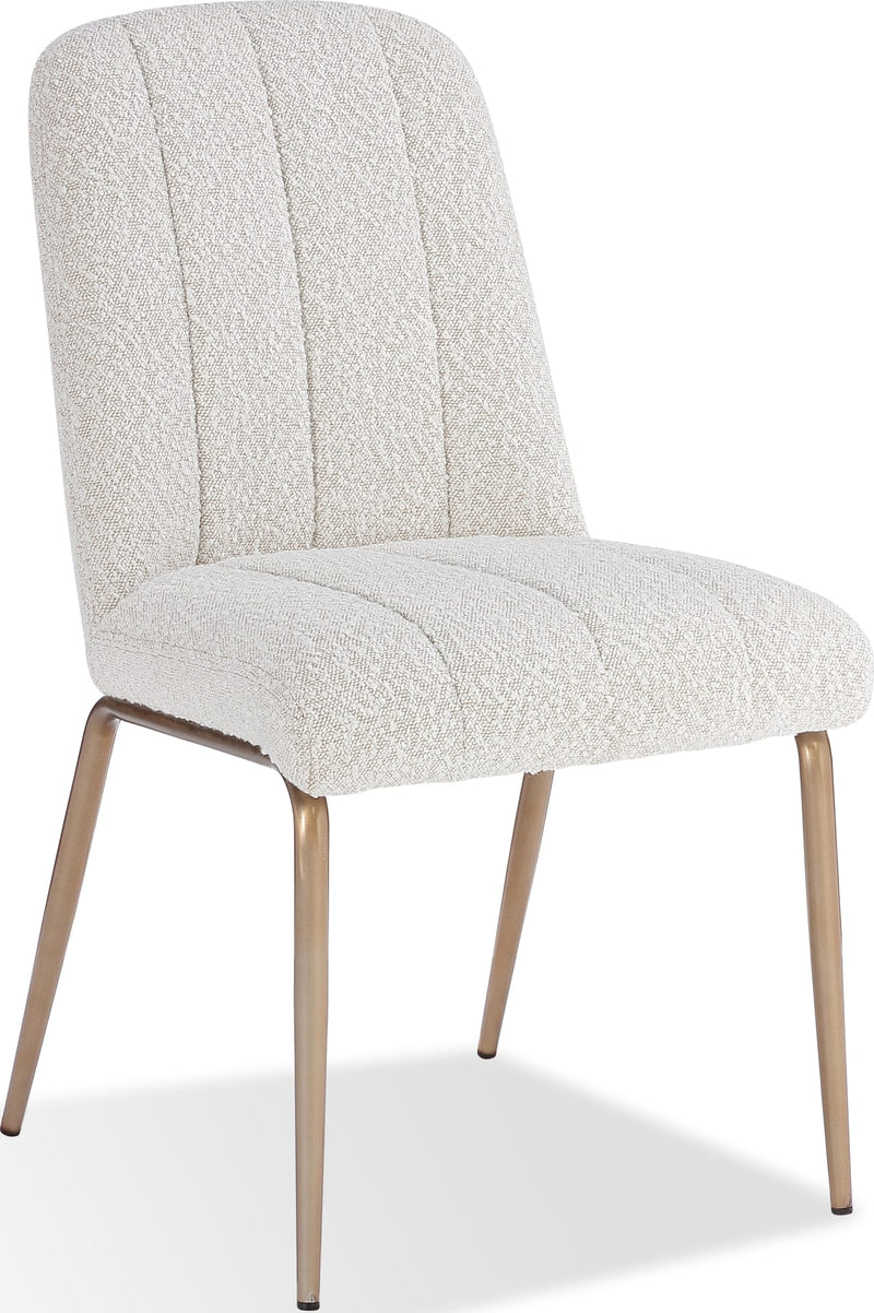 Apollo Upholstered Dining Chair in Ricotta Boucle and Brushed Bronze Metal