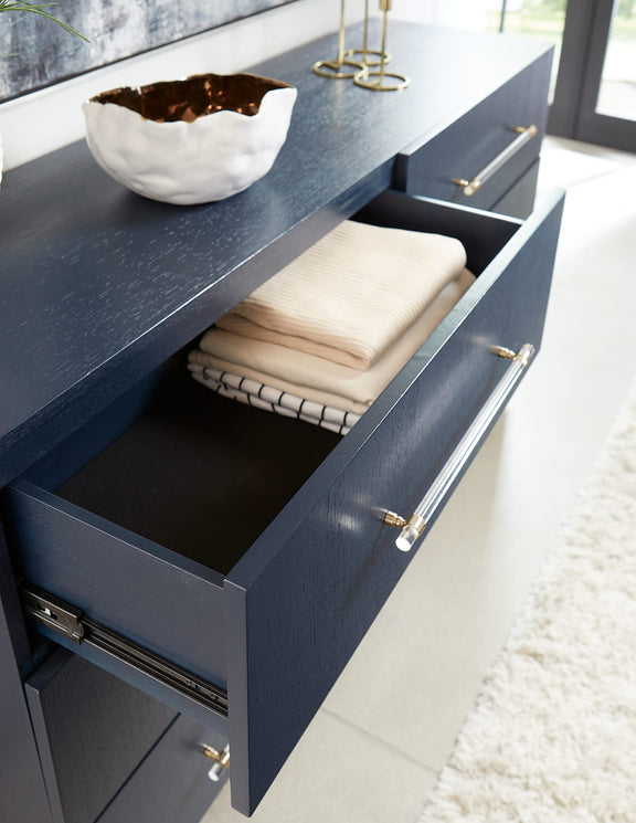 Argento Six Drawer Dresser in Navy Blue and Burnished Brass (2024)