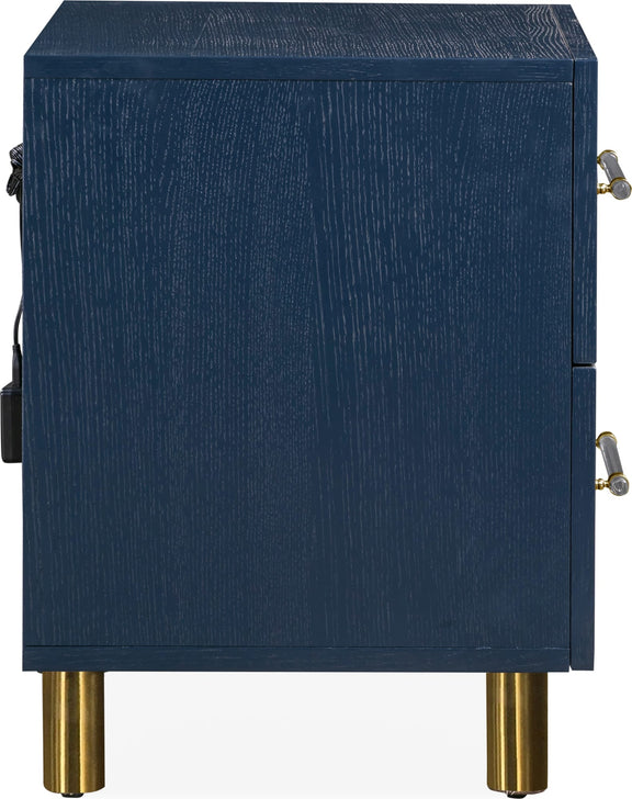 Argento Two Drawer USB Charging Nightstand in Navy Blue and Burnished Brass