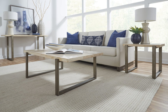 Ariela Natural Travertine End Table with Bronze Metal Base