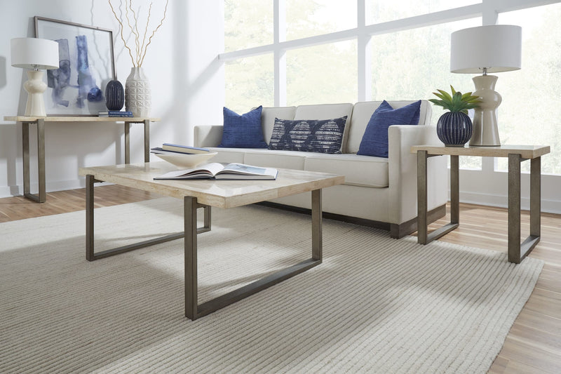 Ariela Natural Travertine End Table with Bronze Metal Base