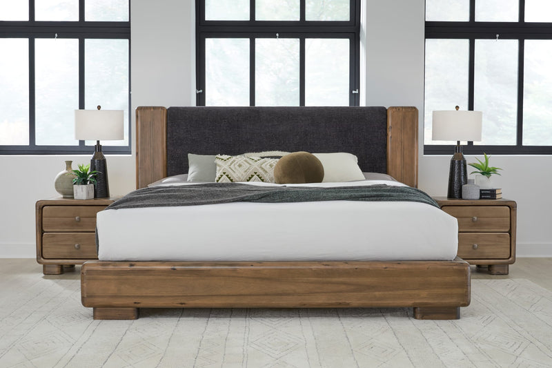 Boka Queen-Size Chenille Upholstered Platform Bed in Black and Impala