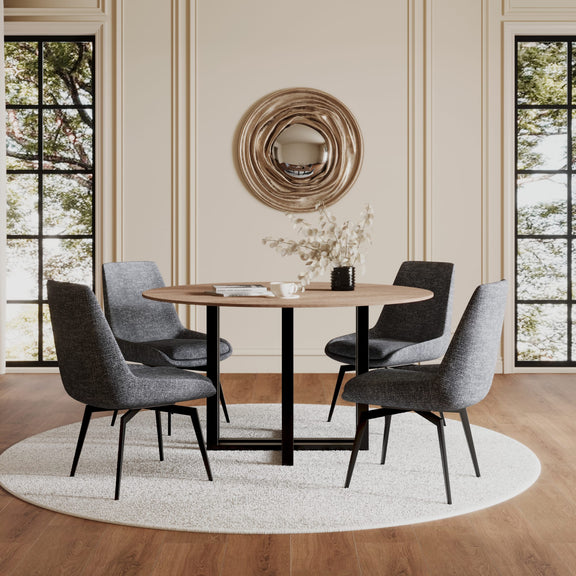 CEO Wood Pattern Round Sintered Stone Dining Table in Gunmetal and Washed Oak