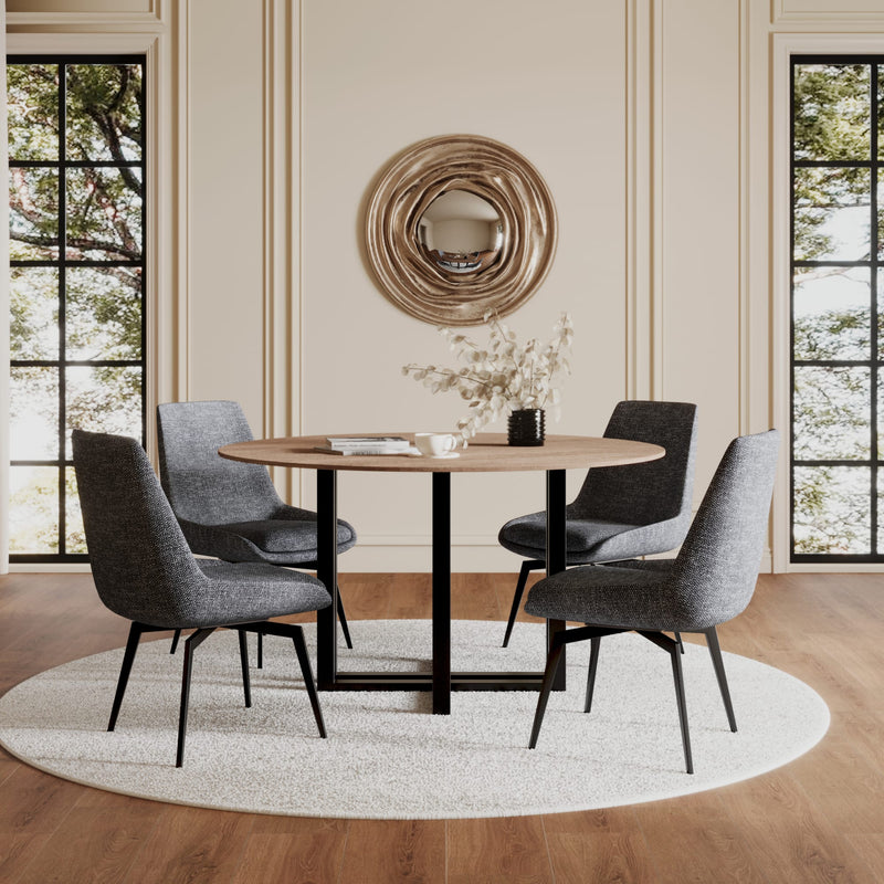 CEO Wood Pattern Round Sintered Stone Dining Table in Gunmetal and Washed Oak