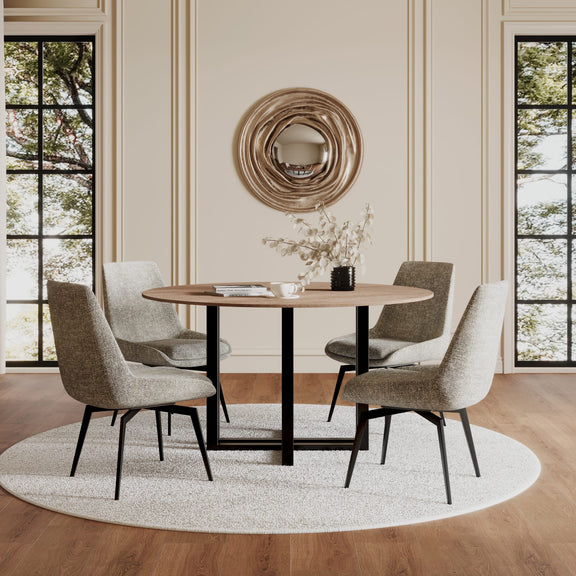CEO Wood Pattern Round Sintered Stone Dining Table in Gunmetal and Washed Oak