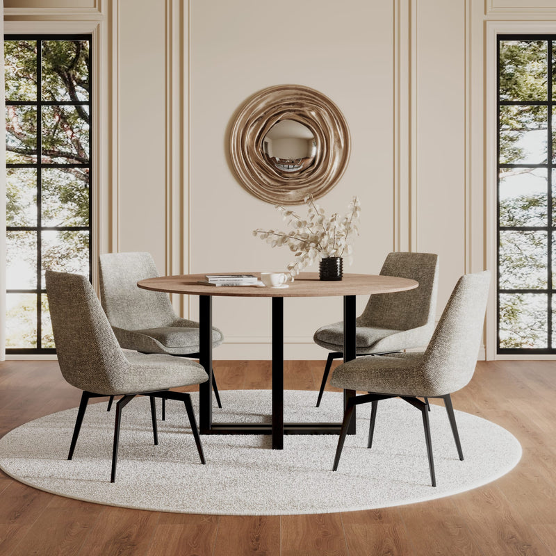 CEO Wood Pattern Round Sintered Stone Dining Table in Gunmetal and Washed Oak