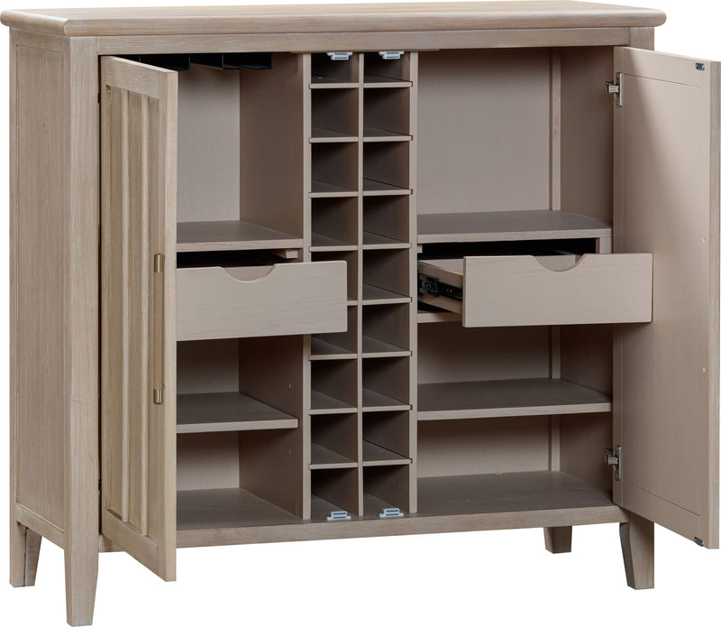 Camden Two Door Two Drawer Bar Cabinet with Stemware Rack and Wine Rack in Chai