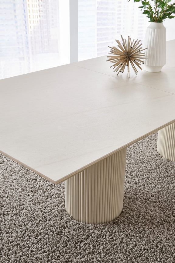 Cannon Stone Top Double Pedestal Extension Dining Table with Ivory Wood Base
