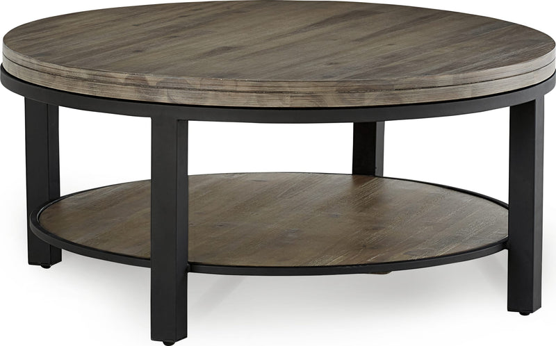 Canyon Solid Wood and Metal Round Coffee Table in Washed Grey
