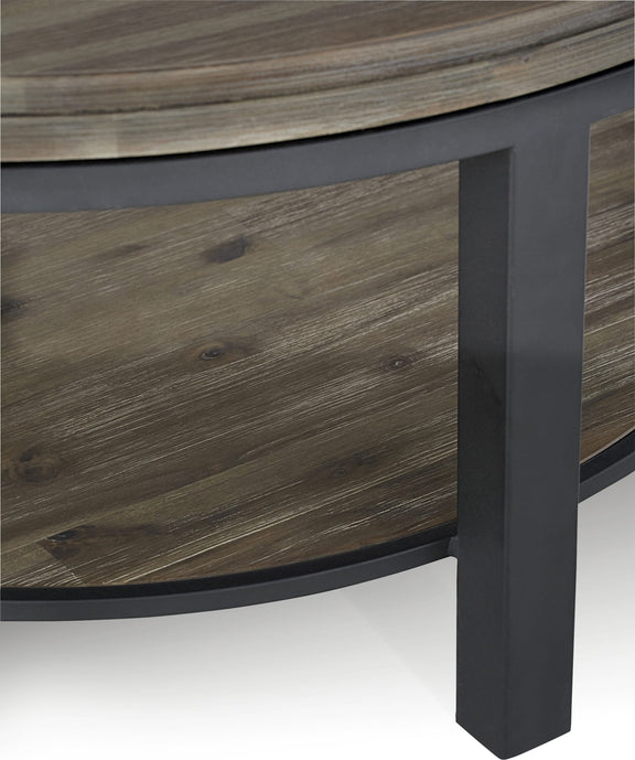 Canyon Solid Wood and Metal Round Coffee Table in Washed Grey