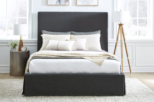 Cheviot Queen-Size Upholsterd Skirted Storage Panel Bed in Iron