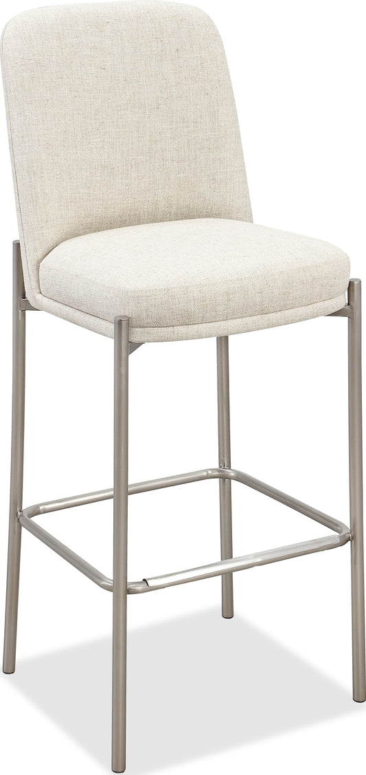 Dion Upholstered Bar Stool in Natural Light Linen and Brushed Nickel Metal