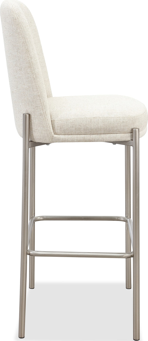 Dion Upholstered Bar Stool in Natural Light Linen and Brushed Nickel Metal