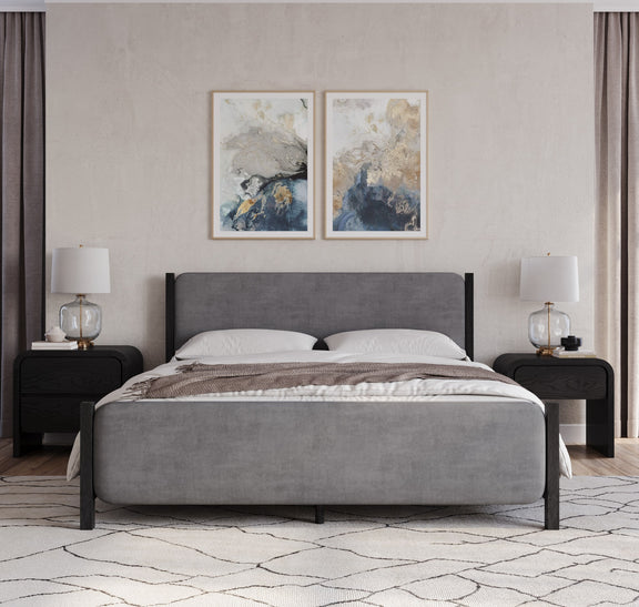 Elora Queen-size Wood and Velvet Upholstered Bed in Jet and Charcoal