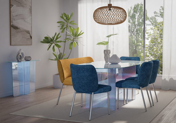 Fomo Chenille-upholstered Stainless Steel Base Dining Chair in Azure