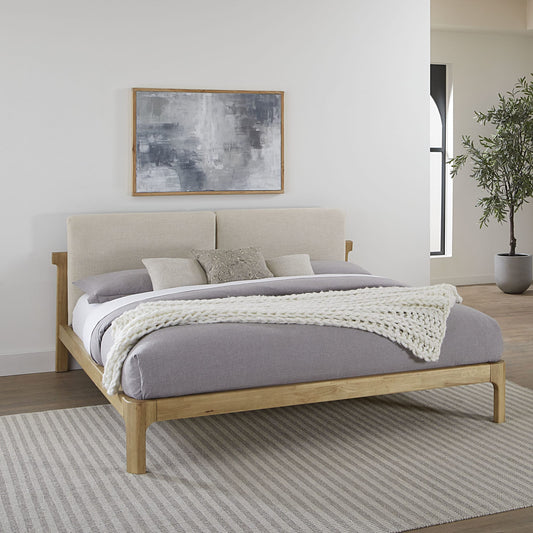 Furano Queen-size Upholstered Two Cushion Platform Bed in Ginger and Natural Linen
