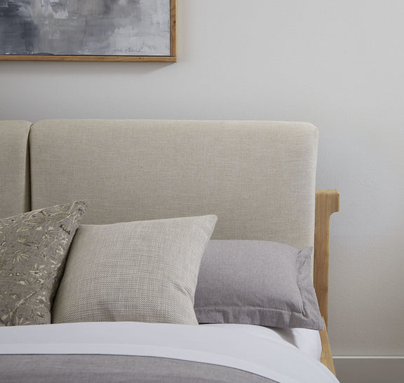 Furano Full-size Upholstered Two Cushion Platform Bed in Ginger and Natural Linen