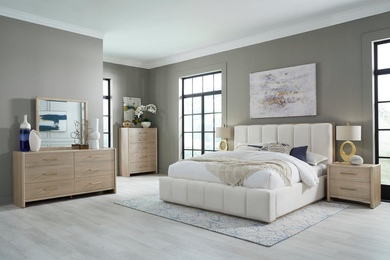 Gardenia Wood Frame Upholstered Queen-Size Platform Bed in Cotton and Chai