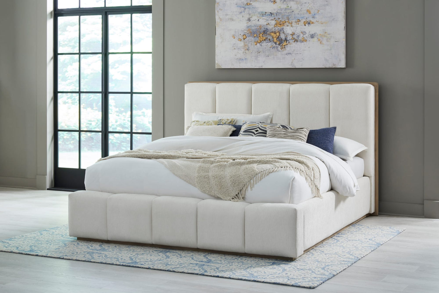 Gardenia Wood Frame Upholstered Queen-Size Platform Bed in Cotton and Chai