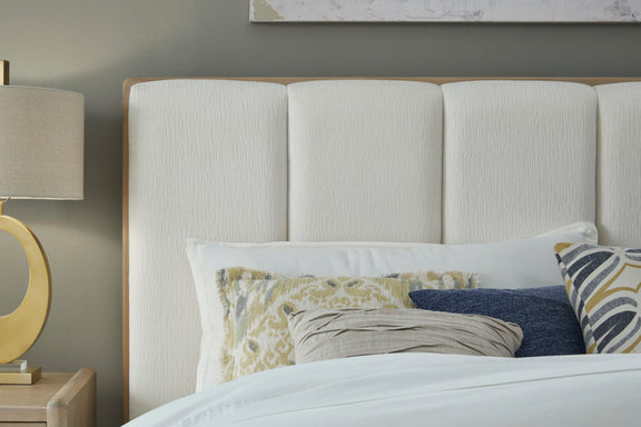 Gardenia Wood Frame Upholstered Queen-Size Platform Bed in Cotton and Chai