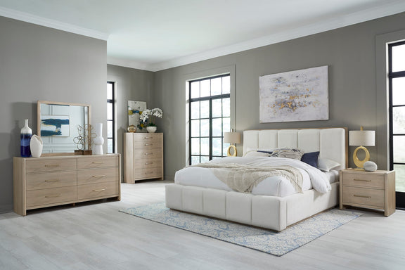 Gardenia Wood Frame Upholstered Queen-Size Platform Bed in Cotton and Chai