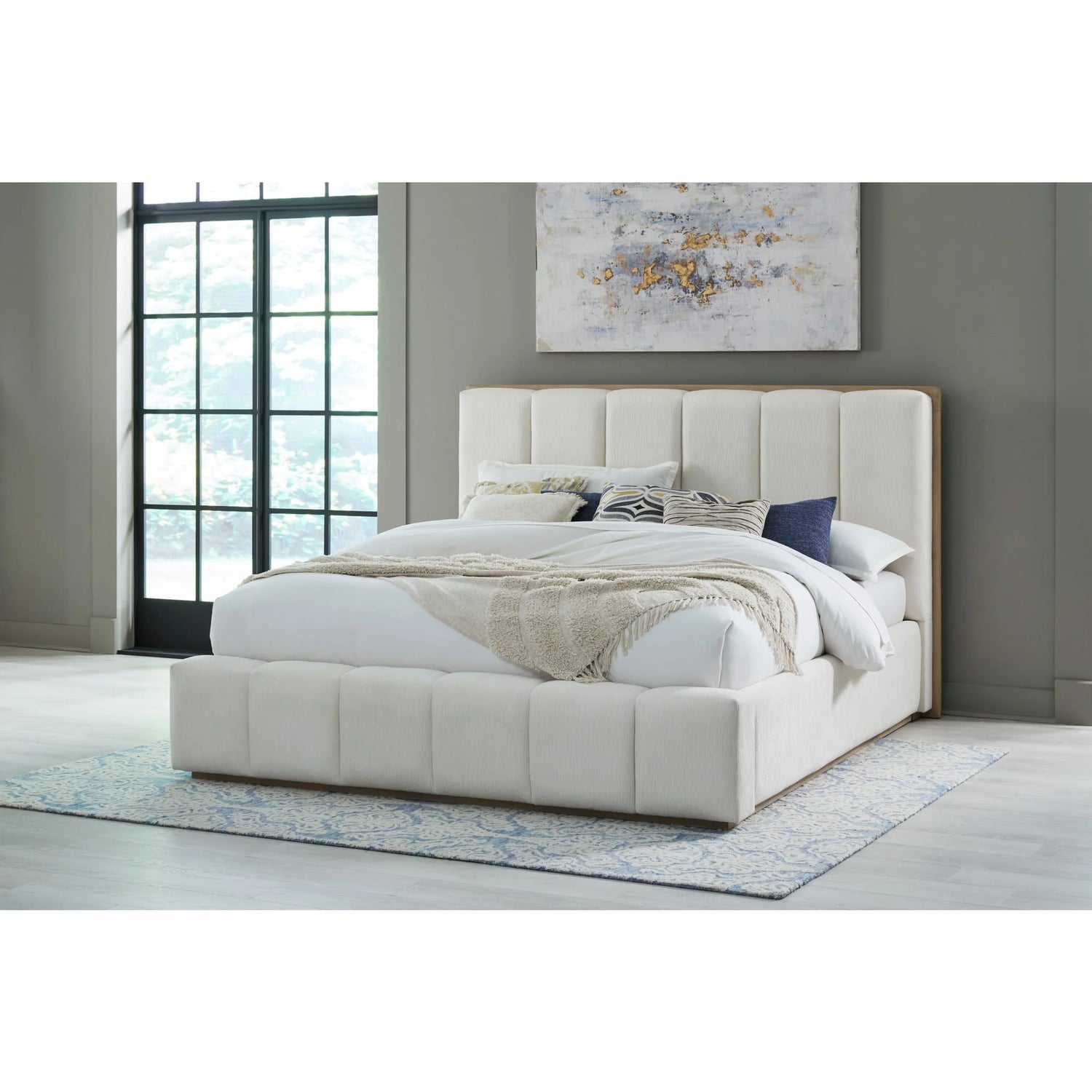 Wood Frame Upholstered Platform Bed in Cotton and Chai