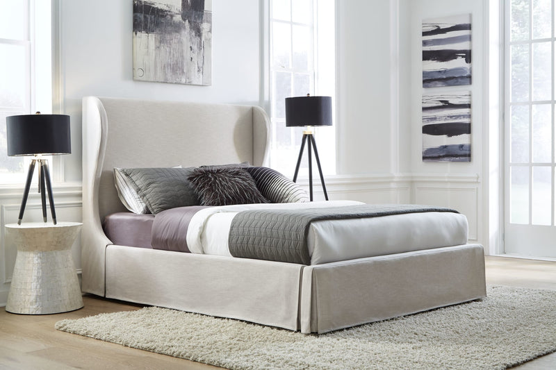 Hera Queen-Size Upholstered Skirted Storage Panel Bed in Oatmeal