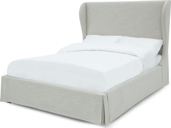 Hera Queen-Size Upholstered Skirted Storage Panel Bed in Oatmeal