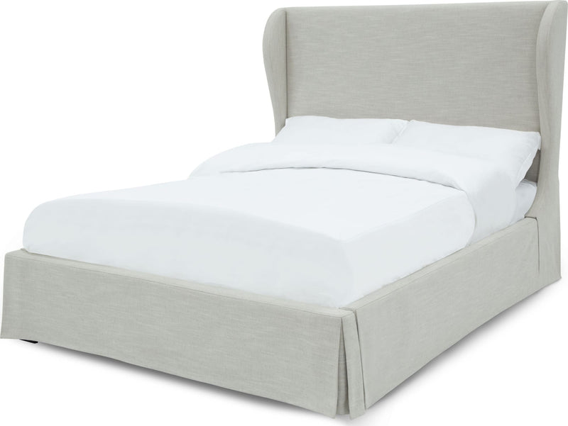 Hera Queen-Size Upholstered Skirted Storage Panel Bed in Oatmeal