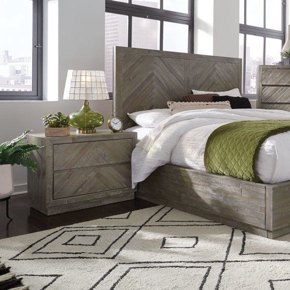 Herringbone Solid Wood Two Drawer Nightstand in Rustic Latte