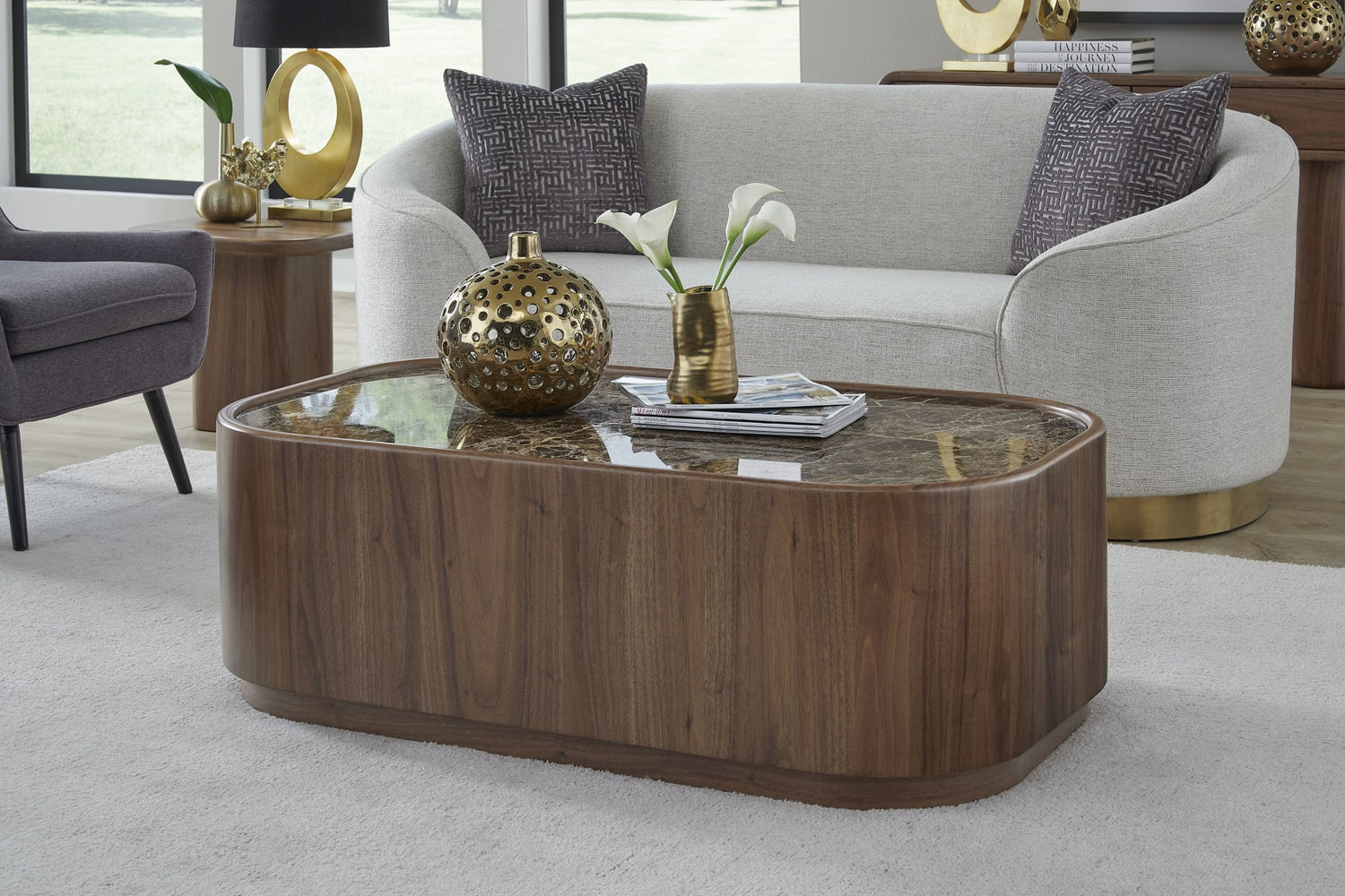Juba Natural Marble and Walnut Coffee Table with Casters in Mongoose