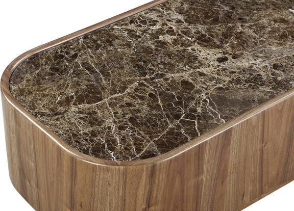 Juba Natural Marble and Walnut Coffee Table with Casters in Mongoose