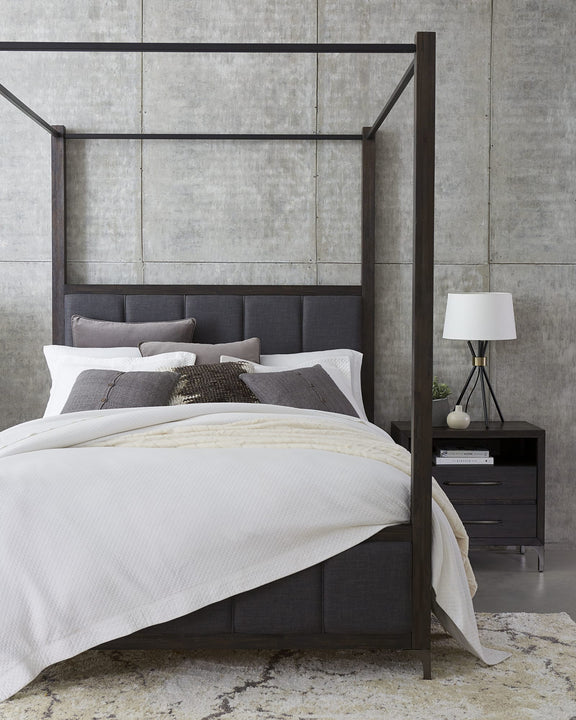 Lucerne Queen-Size Upholstered Canopy Bed in Vintage Coffee