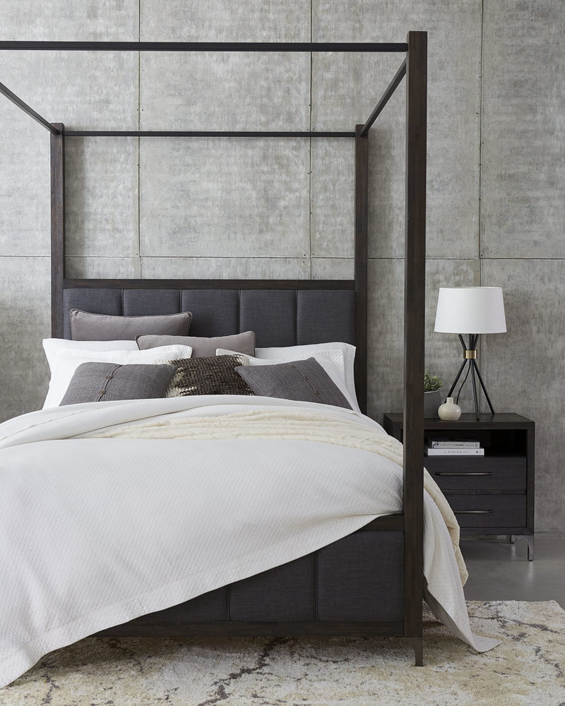 Lucerne Queen-Size Upholstered Canopy Bed in Vintage Coffee