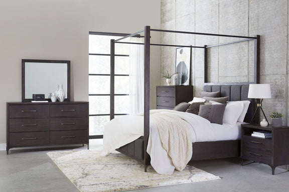 Lucerne Queen-Size Upholstered Canopy Bed in Vintage Coffee
