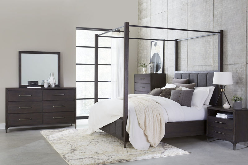 Lucerne Queen-Size Upholstered Canopy Bed in Vintage Coffee