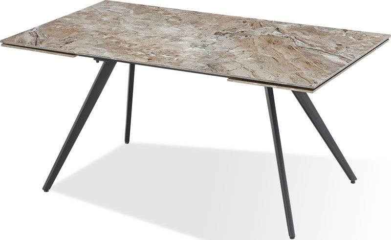 Lucia Double Extension Stone Top Metal Leg Dining Table in Rich Brown and Black