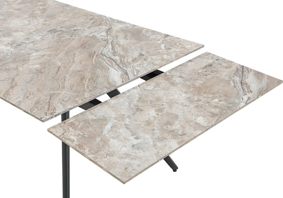 Lucia Double Extension Stone Top Metal Leg Dining Table in Rich Brown and Black